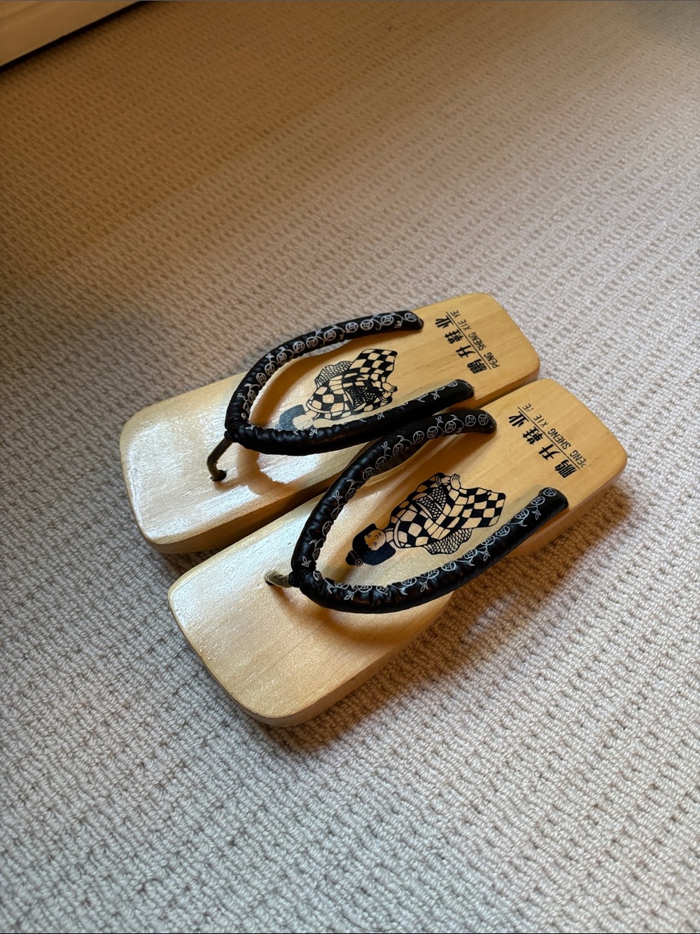 Japanese Wooden Geta Sandals with Black Floral Thongs
